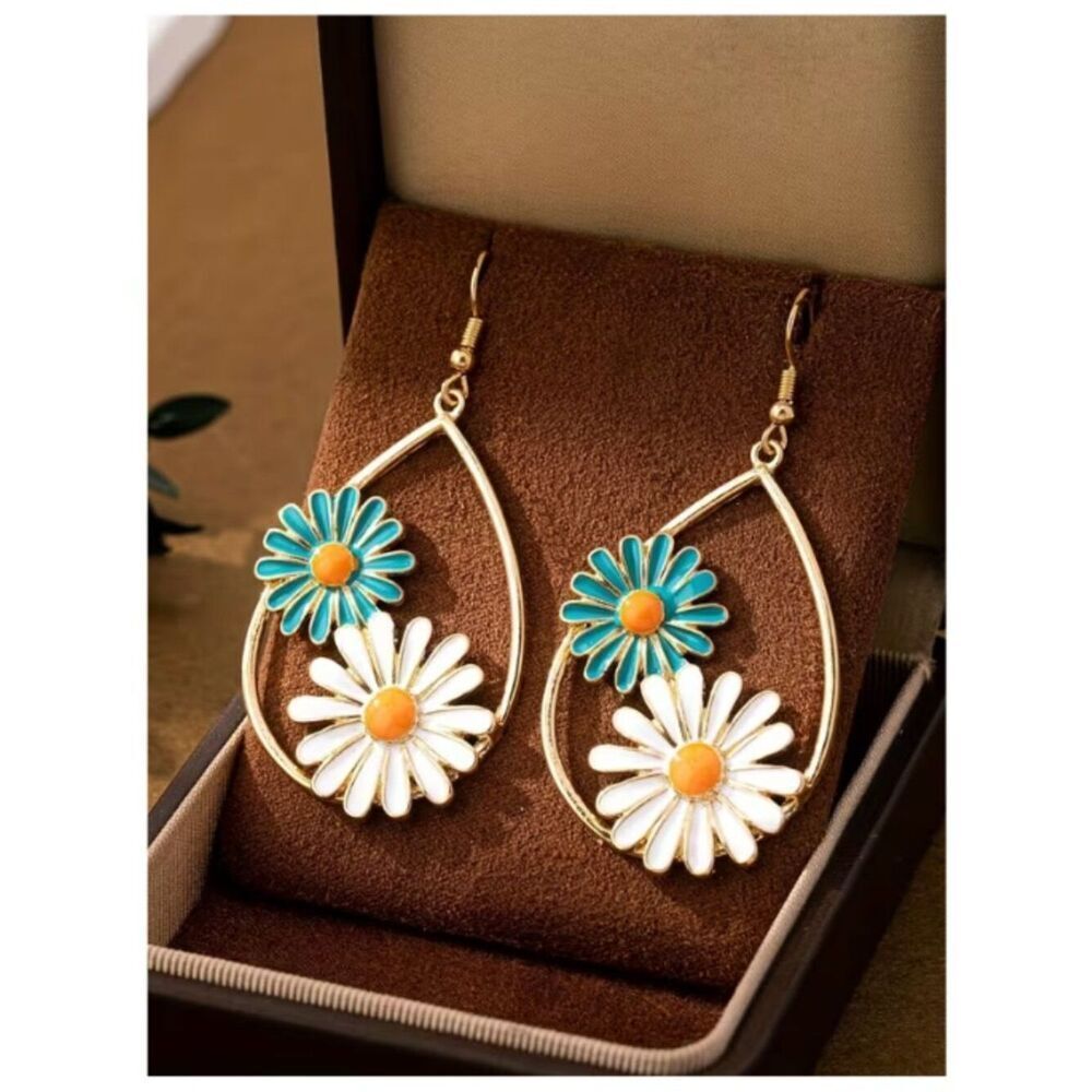 Earrings Double Daisy Teardrop Bohemian Flower Power Enamel Hippie Chic Inspired